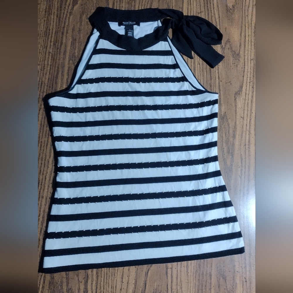 Striped Black and White Tie Neck  Top